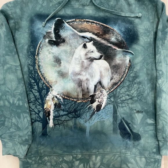 The Mountain Unisex Medium Wolf Spirit Hooded Sweatshirt Tie Dye Teal Hoodie - Picture 3 of 16
